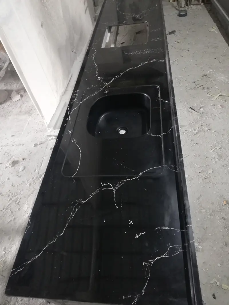 Siyah Mermerit Tezgah Siyah Simli Döküm Mermer Modern Tasarım Örneği